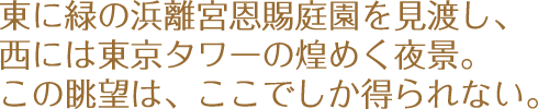 東に緑の浜離宮恩賜庭園を見渡し、西には東京タワーの煌めく夜景。この眺望は、ここでしか得られない。